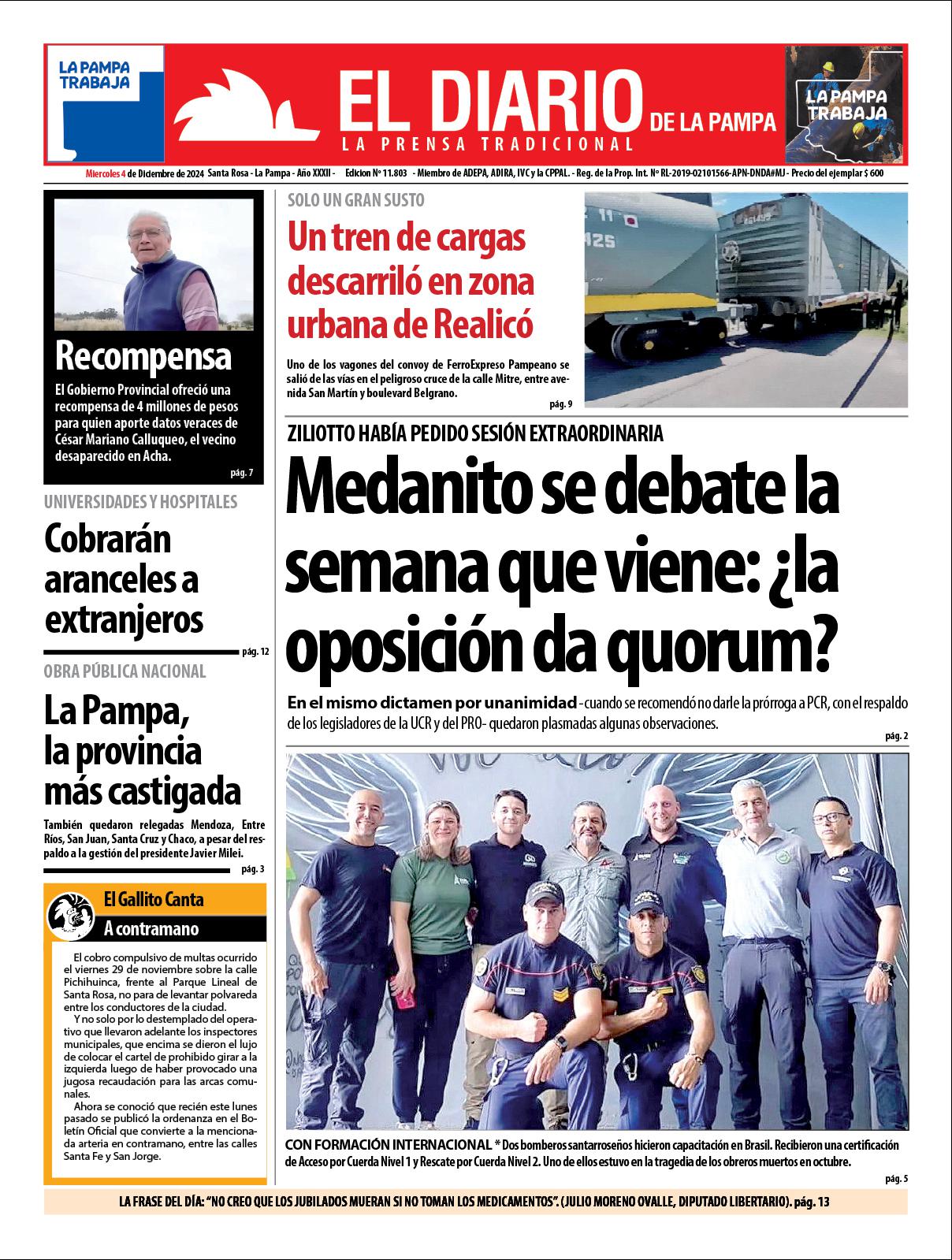 Tapa de El Diario en papel  mieacutercoles 04 de diciembre de 2024